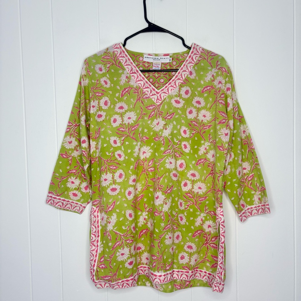 Gretchen Scott Designs Green Pink Tunic Top Spring Cotton Women’s Size Medium